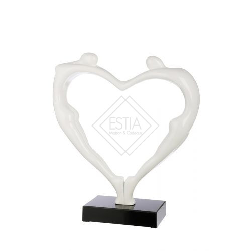 SCULTURA CUORE, COPPIA IN CUORE, BIANCA CON BASE IN MARMO NERO (15x49x55h)