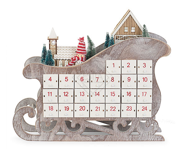 CALENDARIO DELL'AVVENTO SLITTA IN LEGNO CON LED (40x8x33cm)