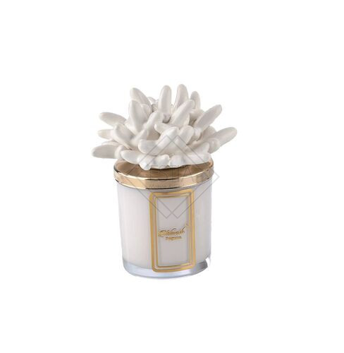 CANDELA PROFUMATA CON TAPPO ANEMONE IN CERAMICA DI CAPODIMONTE BIANCO (200g)
