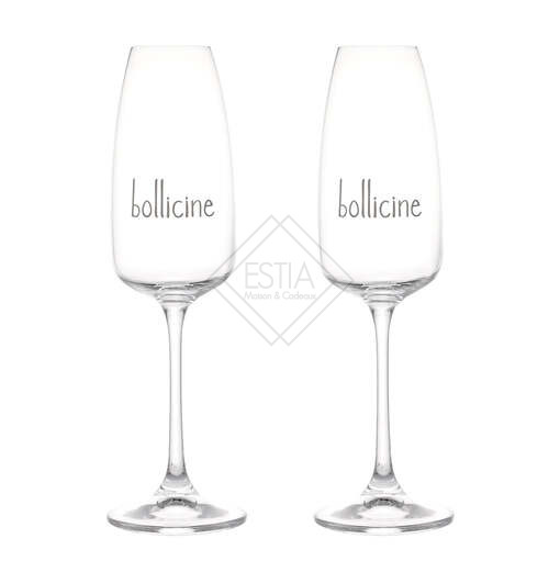 SET 2 FLUTE IN VETRO SOFFIATO &amp,#039,BOLLICINE&amp,#039, SERIGRAFATO BIANCO 29cl (h.25,2x7 cm)