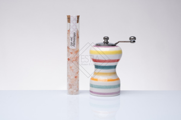 MACINASALE IN CERAMICA COLORATA RIGATO MULTICOLOR CON PROVETTA DI SALE (h.12cm)