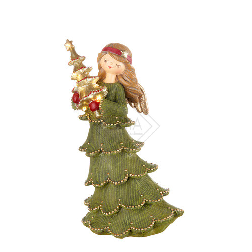 ANGELO IN RESINA VERDE CON ALBERO DI NATALE LED (15x11,5xh.24cm)