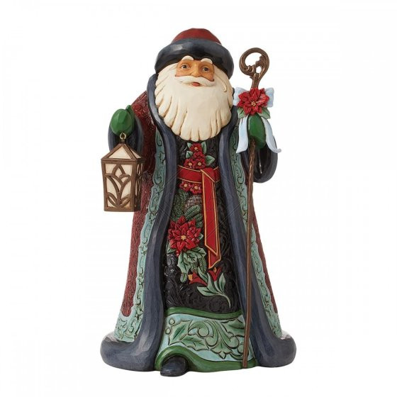 STATUETTA BABBO NATALE CON BASTONE E LANTERNA IN RESINA DIPINTA A MANO (15,5x22,5cm)