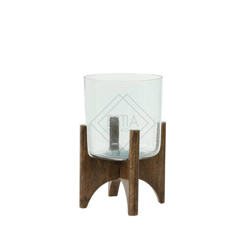 VASO ROTONDO IN VETRO TRASPARENTE CON BASE IN LEGNO (Ã˜22,5x33,5cm)