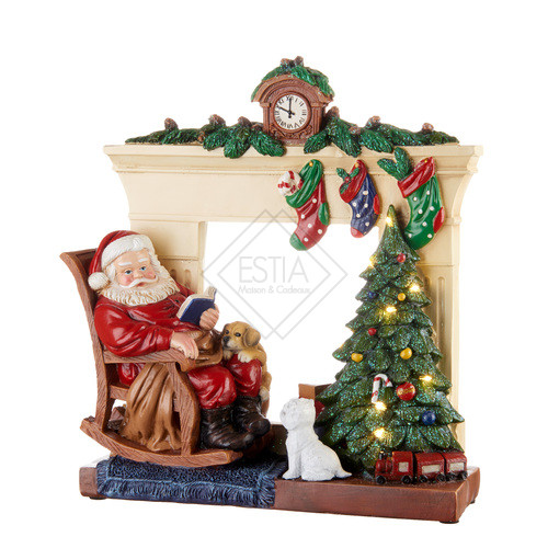 DECORAZIONI DA APPOGGIO CON LUCE LED- BABBO NATALE CON CAMINO IN RESINA (27x9x29h)