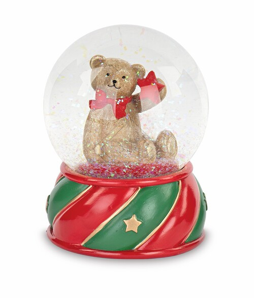 BOULE DE NEIGE ORSETTO CON DETTAGLI IN ROSSO, VERDE, ORO IN CERAMICA E SFERA IN VETRO (10xh.13cm)