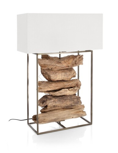 LAMPADA DA TAVOLO KUBI BIANCO CON STRUTTURA IN TEAK,PARALUME IN COTONE (54x20x76h)