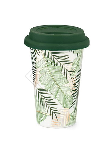 MUG CON FOGLIE DOPPIO STRATO IN CERAMICA BIANCA/VERDE (10xh.15cm)