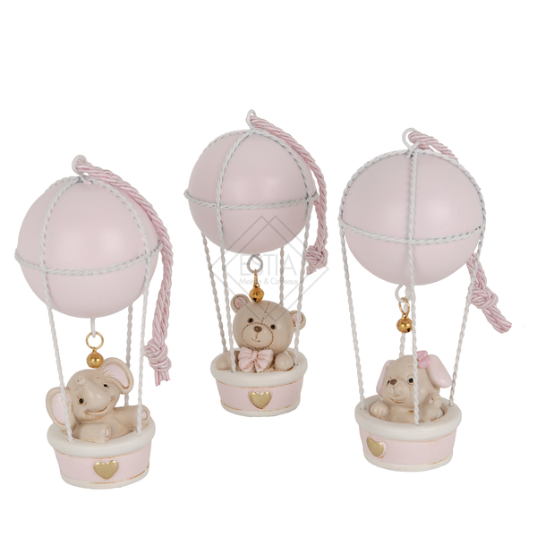 MONGOLFIERA CON ANIMALETTO IN PASTA DI CERAMICA ROSA (h.14cm)-3 SOGG. ASSORTITI