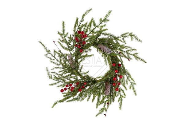 GHIRLANDA NATALIZIA IN PVC CON BACCHE E PIGNE (diam.41cm)