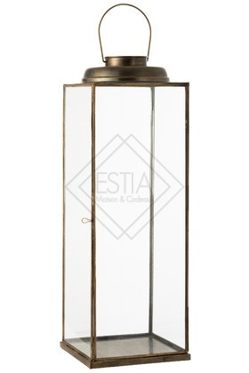 Lanterna Quadrata Antica Bassa Vetro/Ferro Bronzo 23X23X70 CM