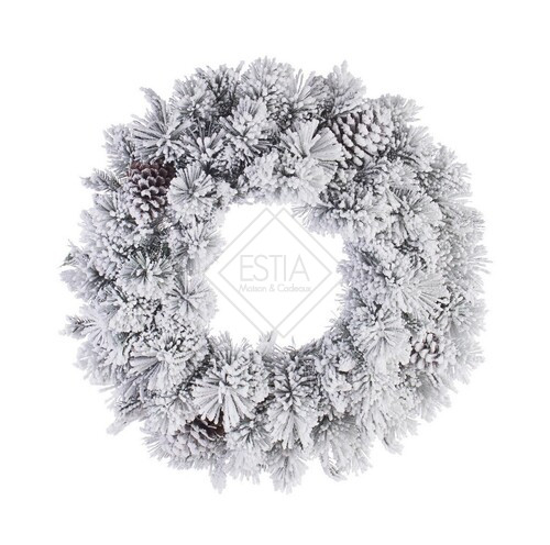 GHIRLANDA NATALIZIA CON AGHI DI PINO INNEVATA CON DECORAZIONE PIGNE (Ã˜60cm)