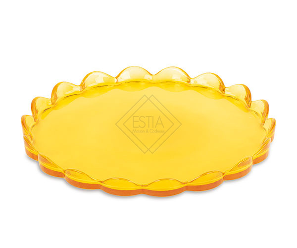 VASSOIO ROTONDO CON BORDO IN VETRO GIALLO (d.25cm)
