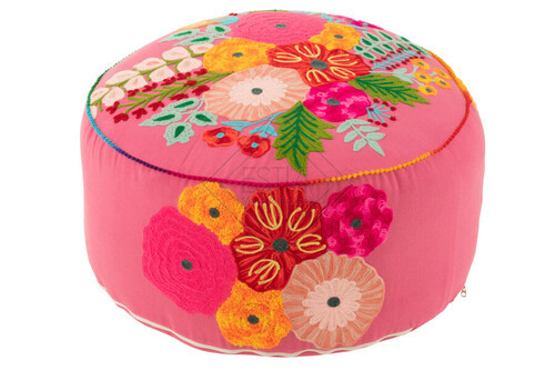 POUF ROTONDO CON FIORI RICAMATI IN TESSUTO COTONE ROSA (50x50xh.35cm)