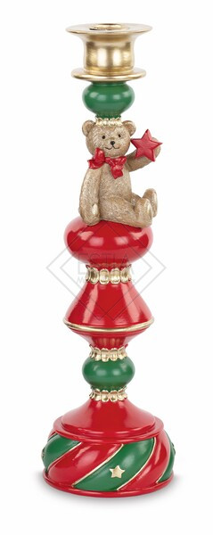 PORTACANDELA ORSETTO CON DETTAGLI IN ORO, VERDE E ROSSO (h.35cm)