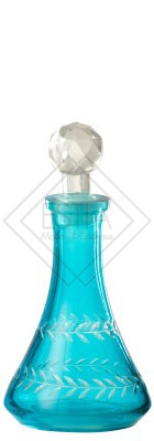 BOTTIGLIA DECORATIVA CON BASE ROTONDA+TAPPO IN VETRO TURCHESE (8,5x8,5x16cm)