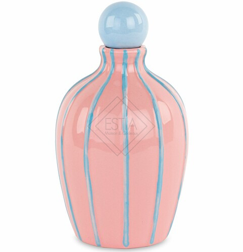 OLIERA IN CERAMICA ROSA CON RIGHE E TAPPO IN AZZURRO CON SCATOLA (9.5xh.16.5cm)