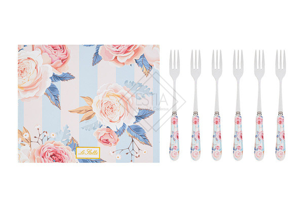 SET 6 FORCHETTINE CON MANICO IN CERAMICA E METALLO STRIPES AND ROSE- 15cm CON ASTUCCIO