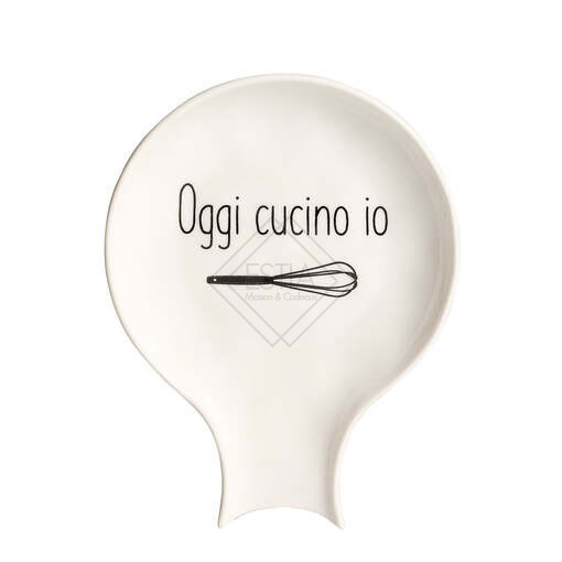 POGGIA MESTOLI IN GRES PORCELLANATO BIANCO CON DECORO "OGGI CUCINO IO" IN NERO EFFETTO ORGANICO (15x19cm)