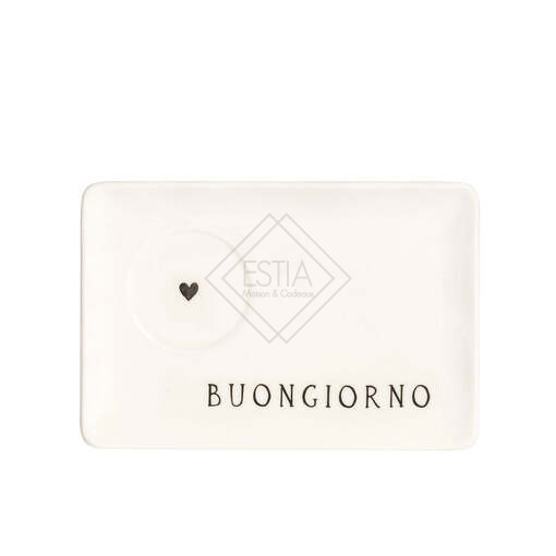 SET 2 PIATTINI PER TAZZINE ESPRESSO IN GRES PORCELLANATO BIANCO CON DECORO "BUONGIORNO" CON CUORICINO NERO (15x10cm)