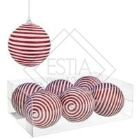 SCATOLA 6 SFERE STRENNA ROSSO/BIANCHE A STRISCE ORIZZONTALI (Ã˜8cm)