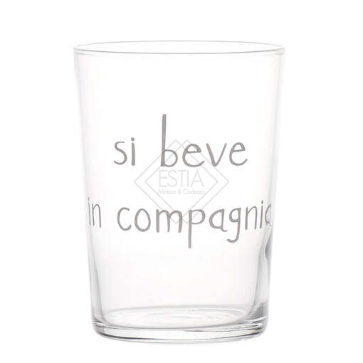 BICCHIERE IN VETRO TEMPERATO 'SI BEVE IN COMPAGNIA' SERIGRAFATO IN BIANCO 50cl (h.12cm x diametro 8,8cm