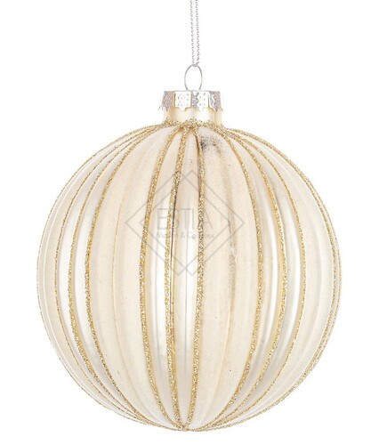 SFERA IN VETRO CLIO CHAMPAGNE CON STRISCE VERTICALI BRILLANTINATE ORO ( Ã˜10cm)