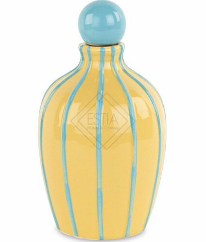 OLIERA IN CERAMICA GIALLA CON RIGHE E TAPPO IN AZZURRO CON SCATOLA (9.5xh.16.5cm)