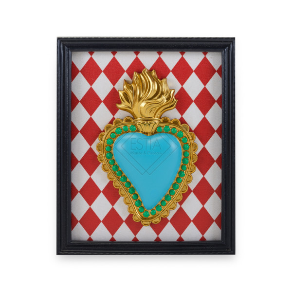 CORNICE RETTANGOLARE CON SACRO CUORE E SFONDO CON ROMBI ROSSI E CORNICE NERA (22x18cm)