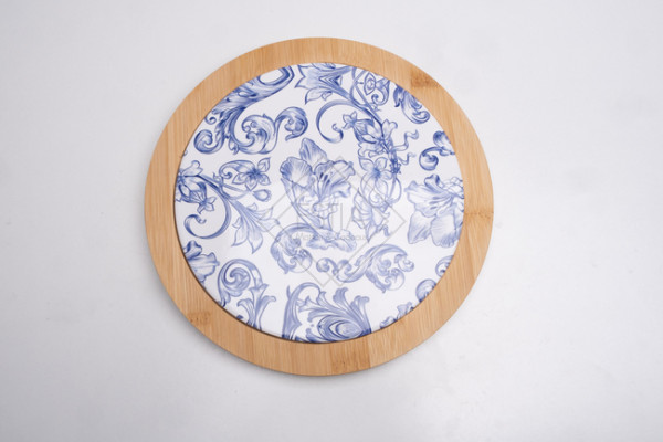 ANTIPASTIERA ROTONDA IN LEGNO CON FREGIO IN CERAMICA BLU (diam.24cm)