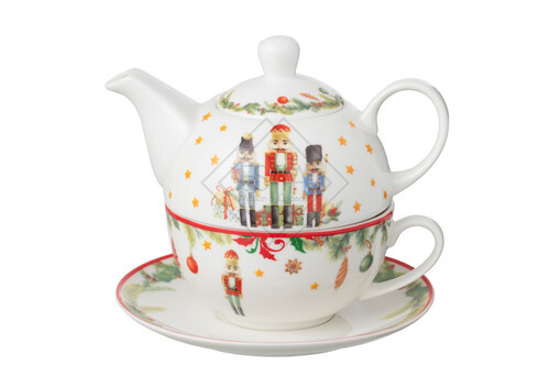 TEA FOR ONE CON DECORO SCHIACCIANOCI IN CERAMICA BIANCA (16x14,5x13,5cm)