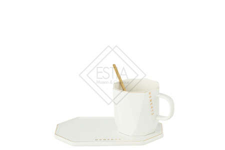 Tazza + Piattino + Cucchiaio Moments In Ceramica Bianco (18x12x8cm)
