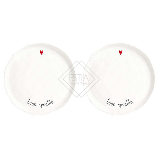SET 2 PIATTI PIANI IN GRES PORCELLANATO BIANCO "BUON APPETITO" IN NERO EFFETTO ORGANICO (diam.27cm)