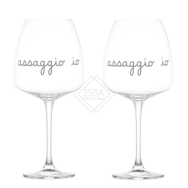 SET 2 CALICI VINO IN VETRO SOFFIATO &#039,ASSAGGIO IO&#039, SERIGRAFATO IN BIANCO 77cl (h.24,6 x 11 cm)