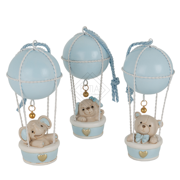 MONGOLFIERA CON ANIMALETTO IN PASTA DI CERAMICA CIELO (h.14cm)-3 SOGG. ASSORTITI