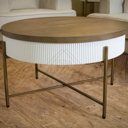 TAVOLINO DA CAFFE' ROTONDO, IN LEGNO DI FRASSINO, BIANCO CON PIANO IN COLOR LEGNO, STRUTTURA IN METALLO (80x48cm)