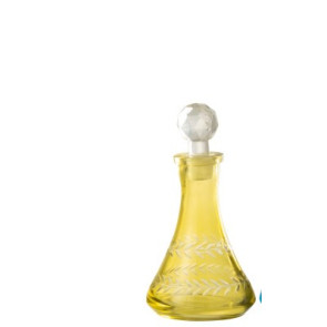 BOTTIGLIA DECORATIVA CON BASE ROTONDA+TAPPO IN VETRO GIALLO (8,5x8,5x16cm)