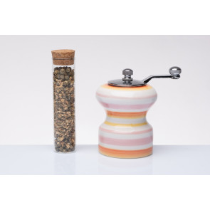 MACINAPEPE IN CERAMICA COLORATA RIGATO ROSA/GIALLO/ARANCIO CON PROVETTA DI PEPE (h.9cm)