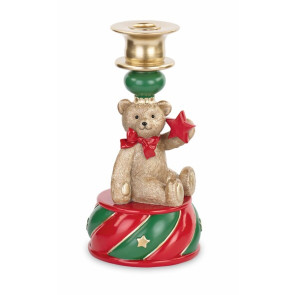 PORTACANDELA ORSETTO CON DETTAGLI IN ORO, VERDE E ROSSO (h.22cm)