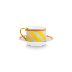 TAZZA DA CAPPUCCINO CON PIATTINO DECORO GIALLO IN PORCELLANA SOTTILE DI ALTA QUALITÃ -220ml