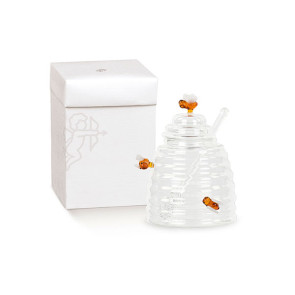 BARATTOLO PER MIELE+SPARGIMIELE IN VETRO CON DECORO APE (500ml-h.14,5cm)