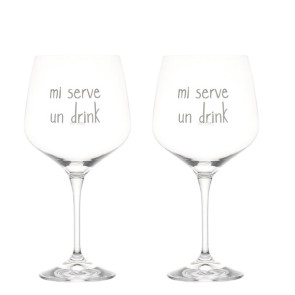 SET 2 CALICI IN VETRO SOFFIATO 'MI SERVE UN DRINK' SERIGRAFATO IN BIANCO 82cl (h.21 x 11 cm)