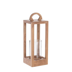 LANTERNA IN LEGNO NATURALE CON MANICO E BICCHIERE IN VETRO (15x15x42h)