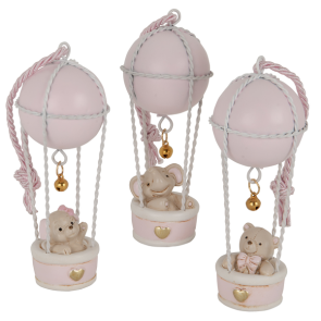 MONGOLFIERA CON ANIMALETTO IN PASTA DI CERAMICA ROSA (h.12cm)-3 SOGG. ASSORTITI