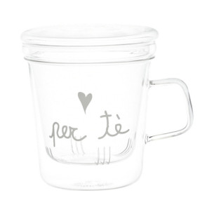 TISANIERA IN VETRO BOROSILICATO CON SCRITTA &#039, PER TE &#039, SERIGRAFATO IN BIANCO (10cmx h11,5cm - capienza 400ml)