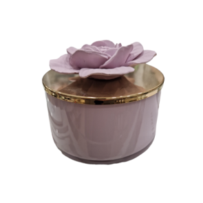 SCATOLA ELI GIGANTE MALVA CON TAPPO ORO E FIORE MALVA IN CERAMICA (12,5xh.10cm)