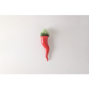 CORNETTO ROSSO LUCIDO IN CERAMICA CON PIANTA GRASSA +SCATOLA (14cm)