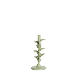 PORTACANDELE DECORATIVO CON FOGLIE IN METALLO OPACO VERDE MENTA ( Ã˜12x25 cm)