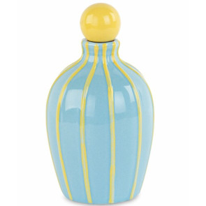 OLIERA IN CERAMICA AZZURRA CON RIGHE E TAPPO IN GIALLO CON SCATOLA (9.5xh.16.5cm)