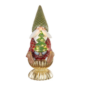 DECORAZIONE DA APPOGGIO- BABBO NATALE SEDUTO CON BASE IN ORO CON ALBERO LED TRA LE MANI (13x16xh.33cm)